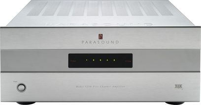 Wzmacniacz Parasound 5250 V2 srebrny, widok z przodu, szczotkowana aluminiowa obudowa, 5-znakowy wyświetlacz cyfrowy, logo