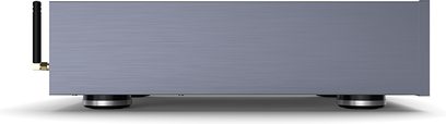 Zidoo NEO X multimedie-afspiller, set forfra, i børstet sort aluminium, med minimalistisk front og gylden Wi-Fi-antenne