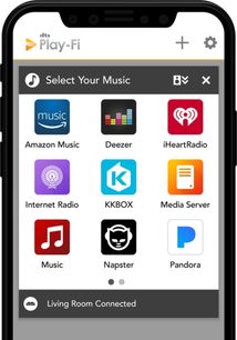 Snímek obrazovky aplikace DTS Play-Fi zobrazující seznam hudebních streamovacích služeb na černém smartphonu