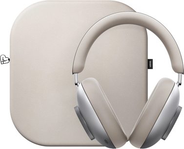 Loewe Leo Midnight Beige -hifi-kuulokkeet vaaleanbeigen värisinä, pehmustetulla sangan osalla, hopeanvärisillä kuulokekupeilla ja yhteensopivalla säilytyskotelolla
