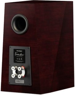 Paradigm Founder 40B bookshelf speaker in dark cherry, front view, circular speaker, tweeter, red and black connectors