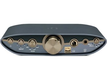 Visokokakovostni slušalkarski predojačevalnik iFi Audio ZEN CAN 3, pogled od spredaj, 5 gumbov, 3 priključki jack, 1 osrednji vrtljivi gumb, 1 logotip Hi-Res Audio