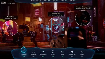 AMD FreeSync Premium Pro gaming-grænseflade på PlayStation 5 med FPS-menu, centreret sigtekorn og aktiverede visningsindstillinger