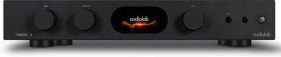 Ampli hi-fi entegre stereo Audiolab 7000A siyah, dikdörtgen ön panel, 3 dairesel düğme, merkez ekran ve bağlantı noktalarıyla