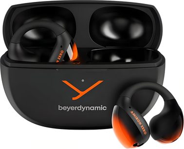 Ægte trådløse Beyerdynamic Amiron Zero-høretelefoner, sport orange, mat sort plastskål, åbent ladeetui, set forfra