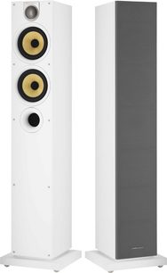 Altavoz de columna Bowers & Wilkins 684 S2 blanco visto de frente, 2 altavoces negros, tweeter plateado, base gris