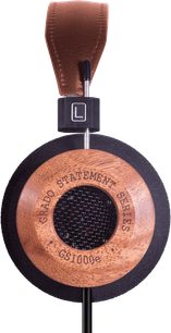 Åben hi-fi hovedtelefon Grado GS1000e i lyst træ, runde sorte ørepuder, brun hovedbøjle, på sort stander med indskrift