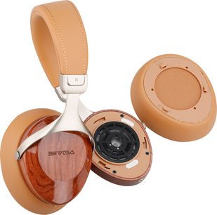 Geschlossener Hi-Fi-Kopfhörer Sivga Robin SV021 aus lackiertem Palisanderholz, Vorder- und Seitenansicht, mit Holzgehäusen und Lederohrpolstern