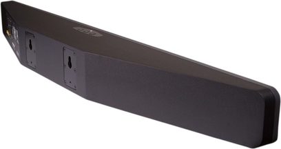 Q acoustics Media 4 black soundbar, side view, with rear connections and front acoustic grille