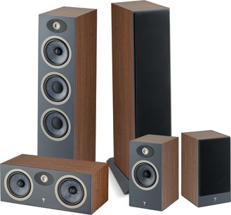 Pack di diffusori a colonna Focal Pack Theva N°3 in legno di noce, frontale grigio scuro, 5 diffusori di 3 dimensioni