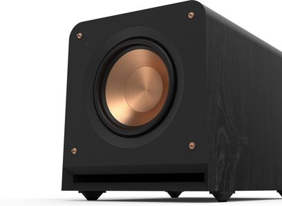 Subwoofer Klipsch RP-1000SW negru văzut din față, difuzor din cupru, porturi bass-reflex