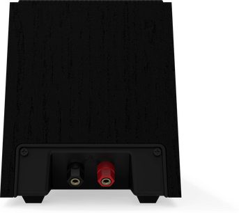 Enceinte Klipsch R-40SA noire, vue arrière, avec deux connecteurs rouges et noirs sur un panneau noir