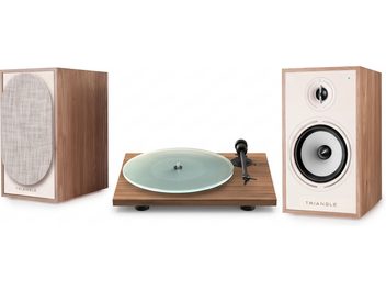 Pacchetto giradischi in vinile e diffusori da scaffale Triangle con finitura noce, vista frontale