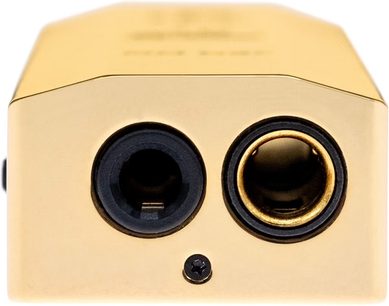 Bærbar iFi Audio Go bar gold audio-konverter, set forfra, gylden kabinet, 2 sorte jackstik, 1 sort knap