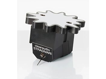 Piatto giradischi in vinile ClearAudio Stradivari v2 nero, vista dall'alto in prospettiva, braccio a forma di stella argentata