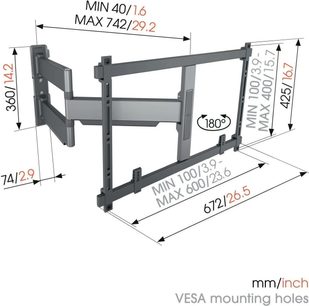 Vogel's Elite TVM 5845 siyah mafsallı kollu TV duvar askı aparatı, boyutları ve 180° dönüşü gösteren perspektif görünüm