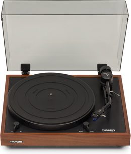 Thorens TD 403 DD OAK Schallplattenspieler in Schwarz und Holzoptik, transparente Haube geöffnet, Draufsicht