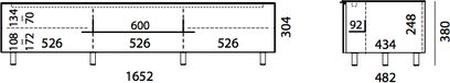 Lavt TV-møbel i lyst træ med 3 åbne rum på 526 mm bredde og 2 skuffer på henholdsvis 434 og 248 mm bredde, samlet længde 1652 mm, højde 380 mm