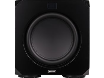 Czarny satynowy subwoofer Omega CS 12, widok z przodu, centralny okrągły głośnik, prostokątny ekran u góry, logo na dole