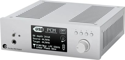 Preamplificador estéreo Pro-Ject Pre Box RS2 Digital plateado, frontal con pantalla negra, botones redondos y gran perilla