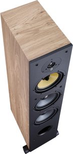 Sloupcový reproduktor Davis Acoustics Ariane 7 v světlém dubu, výškový reproduktor, žlutý středový reproduktor, 2 basové reproduktory šedé, černý panel, pohled shora
