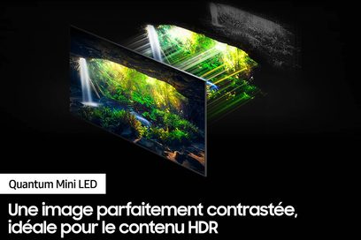 Samsung 65QN700B 2022 fladskærms-TV, der viser et kontrastfyldt billede af vandfald i en frodig skov, set forfra