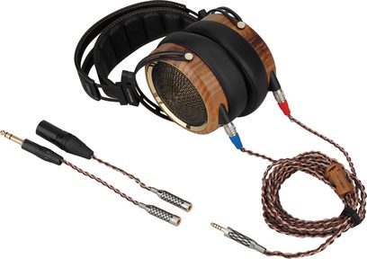 Otevřená hifi sluchátka Sendy Audio Peacock Zebra, zebrové a černé dřevo, černé náušníky, hnědý pletený kabel s konektory