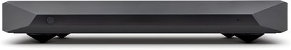 Amplificador Nuprime Evolution Two-SE negro de metal, vista frontal de la fachada biselada con botón redondo, LED y pies cónicos