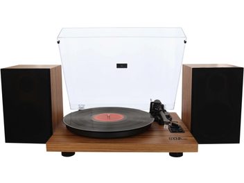 Enova HIFI Vision 2 SET pladespiller i valnøddetræ, mørk træfinish, set forfra med åbent låg og tonarm