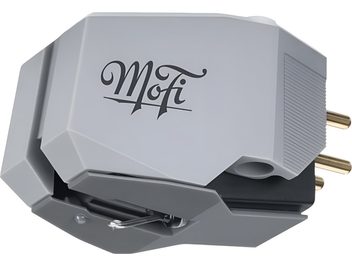 Hi-fi kārtridžs vinila plašu atskaņotājam Mofi StudioTracker MM pelēks, redzams adatas gals un zeltīti savienotāji