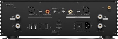 EverSolo AMP-F8 High-Fidelity-Leistungsverstärker schwarz, Rückansicht mit Audioanschlüssen und Lautsprecherklemmen