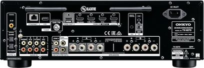 Onkyo TX-8270 sort hi-fi stereoforstærker, bagside, audio/video-tilslutninger, Ethernet-porte, antenne, højttalertilslutninger