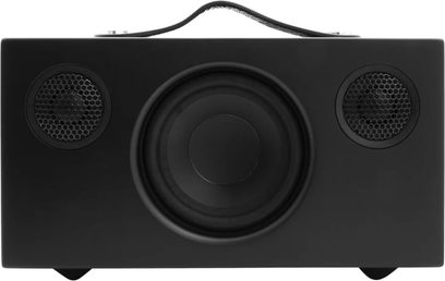 Audio Pro Addon C5 sort højttaler, set forfra, rektangulært mat sort kabinet, to runde højttalere, bærehåndtag øverst