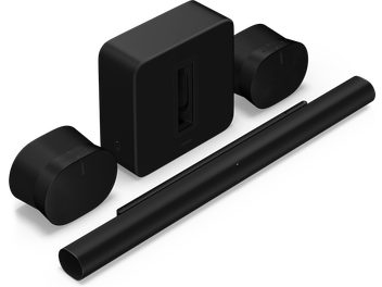 ARC Ultra soundbar, Sub (Gen4), Era 300 matte black, perspective view, 2 oval speakers, rectangular subwoofer, cylindrical bar
