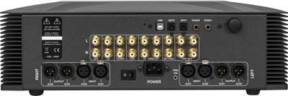 Atoll Electronique PR200 Signature -stereovahvistin, hopeinen, takanäkymä liitännöillä, painikkeilla ja merkkivaloilla