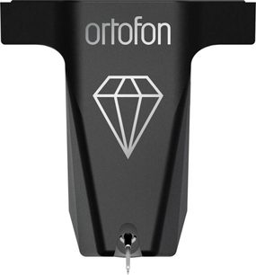 Ortofon MC X40 Hi-Fi-Tonabnehmer in mattschwarzem Metallgehäuse, Frontansicht, silbernes Ortofon-Logo oben, silbernes Diamantmuster in der Mitte, sichtbare Abtastnadel unten