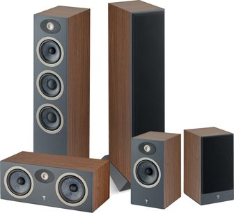 Sada sloupkových reproduktorů Focal Pack Theva N°2 ořech, 5 reproduktorů, 3 velikosti, tmavé dřevo, černé reproduktory, pohled zepředu