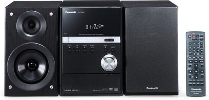 Sort Panasonic SC-PM86D hi-fi stereokæde med cd-afspiller, radio, højttalere, digitalt display og fjernbetjening