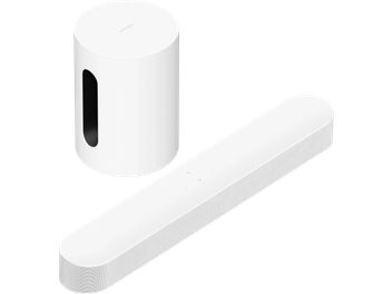 Barra sonora e subwoofer cilindrico, vista in prospettiva, superficie liscia, colore bianco, griglia perforata, logo visibile