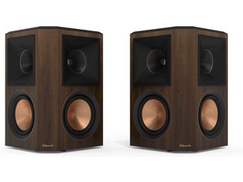 To Klipsch RP-502S II valnøddetræs baghøjttalere, kubiske, sorte højttalere, diskantenheder med kuppel, guldfarvet logo
