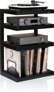 Norstone Design Esse HiFi sort højglans med 4 hylder, pladespiller, forstærkere, række af vinylplader nederst
