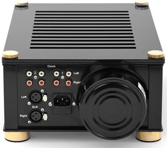 Kopfhörerverstärker AudioValve Luminare schwarz, Frontansicht, graue Frontplatte mit goldenen Knöpfen, Anschlüssen und Lüftungsgitter