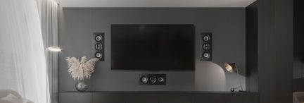 Sistema home theater nero con schermo piatto, tre diffusori frontali, due diffusori posteriori e un subwoofer
