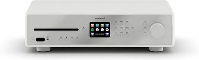 Sonoro Maestro alt-i-ett høyttalersystem i hvitt og sølv, kompakt, rent design, utstyrt frontpanel