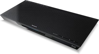 Sony BDP-S590 sort Blu-ray-afspiller, set oppefra, lukket, aflang rektangulær form, knapper og indikatorlys på toppen