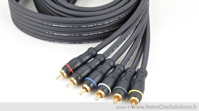 Audio kabely RCA Real Cable Multikanál 5+1 / 1,5 m černé a modré, 6 párů, pozlacené RCA konektory, pohled zepředu