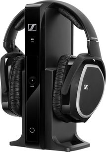 Cuffie hi-fi aperte Sennheiser RS 165 nere, vista frontale, padiglioni larghi e spessi, archetto imbottito, materiali lucidi