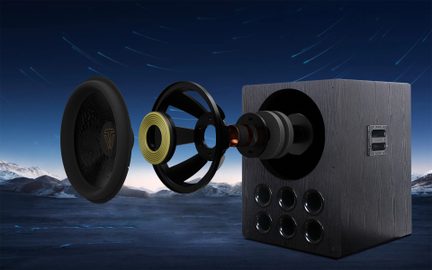 Dřevěný hi-fi subwoofer, rozložený pohled na černý reproduktor a přední kulaté bassreflexové otvory