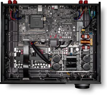 Cambridge Audio Evo 300 amplificatore integrato stereo, vista dall'alto aperta con scheda elettronica e componenti interni visibili