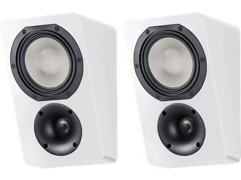 Boxe Dolby Atmos Canton AR 5 alb mat, pereche de boxe murale compacte cu fațadă înclinată, cu woofer negru și tweeter rotund